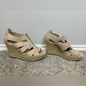 linen style beige woven espadrille wedges